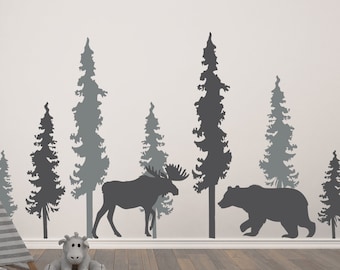 Woodland Bear and Moose Vinyl Wall Decal Pine Trees Forest Animals Custom Decor Forest Mural for Home Child 421