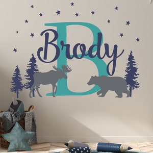 Personalized Forest Moose Bear Wall Decal Choose colors fonts, Boy girl nursery Woodland Vinyl Sticker, Animals Trees Stars kids room c523