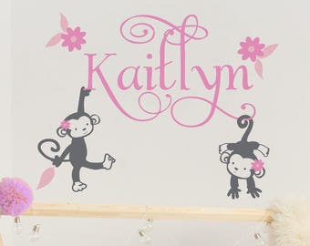 Monkeys and Flowers Personalized Vinyl Decal Custom Name Colors Children Kids Room Child 364