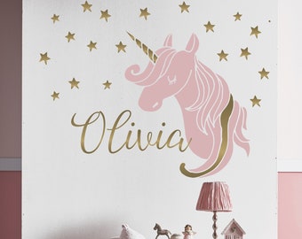 Unicorn Name Personalized Wall Decal Stars Fantasy Custom Color Options Nursery Kids Room Mural Home Decor Child 430