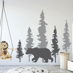 Woodland Wall Decals, Pine Trees, Bear Decal, Woodland Decals, Woodland Decor, Pine Tree Decals, Bear and Trees Decal, Woodland Mural c376