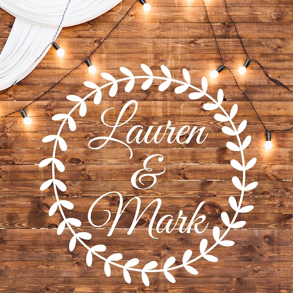 Leaves wreath with two names vinyl wall decal for wedding, Personalized and custom colors fonts, Elegant fancy dance floor stickers MSC002