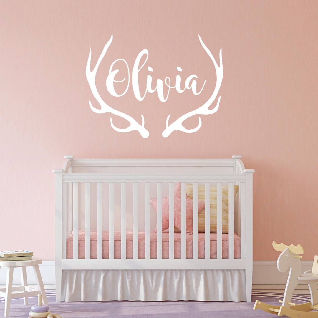 Personalized Antlers Name Wall Decal, Choose Font and Color, Gold Name