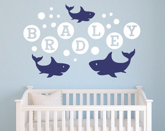 Shark Bubbles and Name Vinyl Wall Decal Kids Nursery Decor Ocean Sea Life Creatures Wall Decals Child 301
