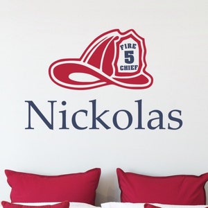 Firefighter Hat Wall Decal Name Personalized LARGE Vinyl Wall Decal Teen and Nursery Wall Decor | Fireman Decor Child 225