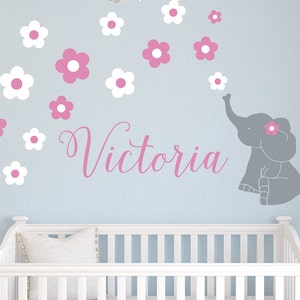 Personalized Elephant Flowers Vinyl Wall Decal Pick your own colors and fonts child261