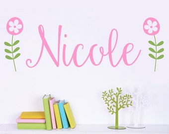 Girls Name Flower Decal LARGE Wall Decal - Nursery Wall Art - custom wall art decal - girl name decal - Retro flower decal  child305