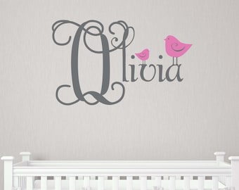 Personalized Swirly Fancy Cute Name with Birds Vinyl Wall Decal for nursery, kids girls room decor ~ child223