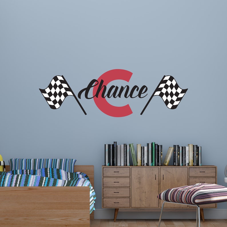 Personalized Race Car Flags Wall Decal Choose Colors Fonts Etsy