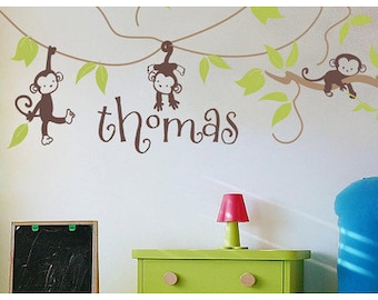 Monkeys Wall Decal Mural Vinyl Stickers Personalized name Kids Nursery Wall Decor Jungle Theme Branch Vines leaves Wall Decals - child200