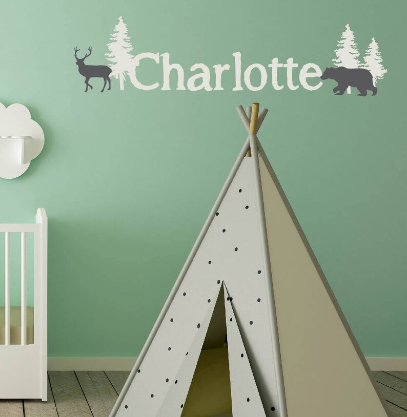 Woodland Deer and Bear Wall Decal Personalize name colors Etsy