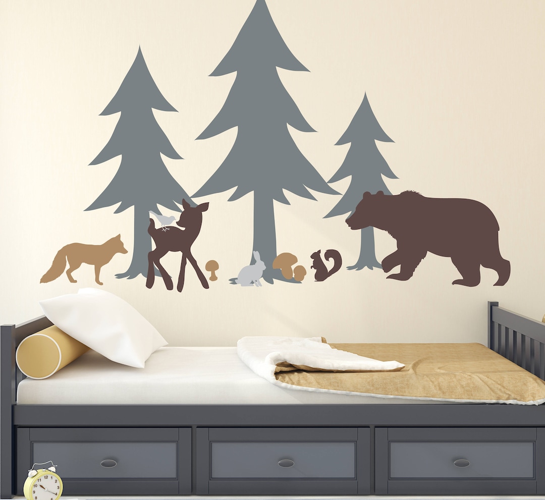 Woodland Wall Decal Forest Animals Pine Trees Deer Bear Bunny Rabbit ...