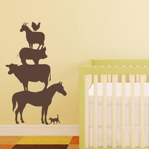 Farm Animals Stacked Wall Decals - Choose Color - Horse Cow Pig Goat Chicken Cat Kitten Barn Stickers Kids Nursery Boy Girl Room Decor c079