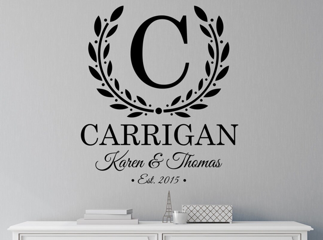 Personalized Family Name Wall Decal – Custom Monogram Laurel Wreath ...