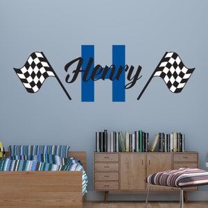 Personalized Race Car Flags Wall Decal Choose colors fonts, Boy nursery racing checkered Vinyl Sticker, Initial with Name kids room c526