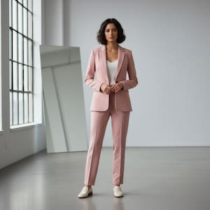 May include: A light pink suit consisting of a blazer and matching pants. The blazer is single-breasted with a notched lapel. The pants are straight-legged. The suit is paired with a white top and cream-colored loafers. The background includes a large mirror and a window.