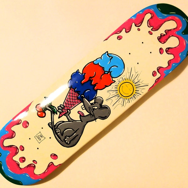 CUSTOM painted Skateboard Deck w/cartoon mouse, ice cream, cats, droplets, etc - Chapman USA 32.5 x 8.7 popsicle As-Is DIY art