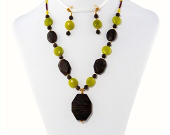 Dark Brown Chocolate Jasper and Olive Jade "Dark Chocolate" Focal Necklace with Earrings