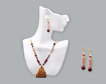 Brown Natural Crazy Lace Jasper Focal with Red Jasper Beads "A Little Crazy" Necklace with Earrings