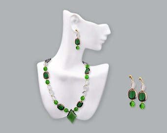 Green and white crystal "Elven Princess" Necklace with Earrings