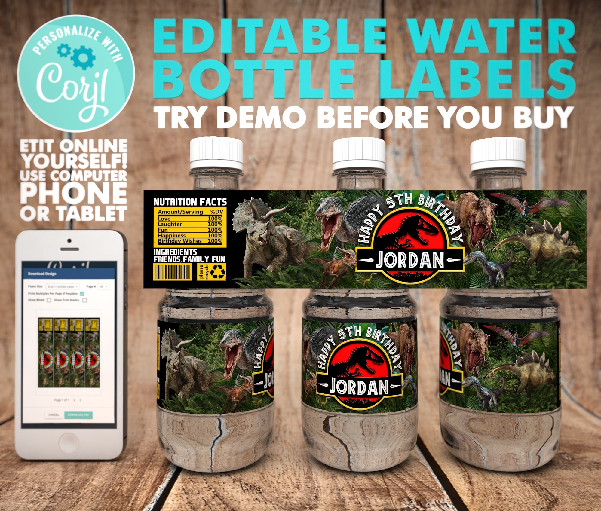 Dinosaur Water Bottle Labels Dinosaur Birthday Party Etsy