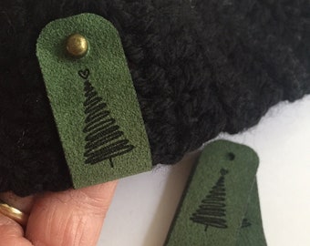 Rivet tags, Christmas tree, no sew tags, custom logo tags, Custom tag, ultra suede, tag, suede tag, engraved tag, button, knitting tags,