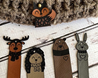 Forest animal tags, bear, fox, Rivet tags, no sew tags, ultra suede, tag, fabric custom tag, suede tag, engraved tag, button, knitting tags,