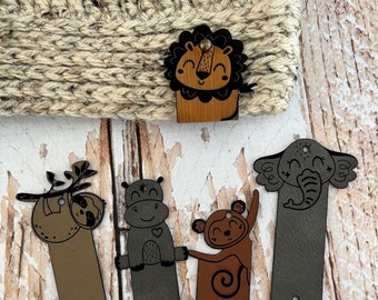 Jungle animal tags, rivet tags, Lion, sloth, monkey, no sew tags, faux leather,  engraved tag, leather, sew tags, knitting tags,