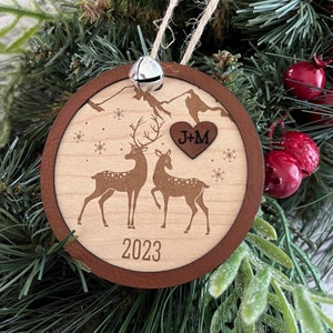 Deer Christmas Ornament, engraved ornament, Personalized gift, personalized ornament, Wedding gift, Love, wood, 3D, Layered, Heart, Cute