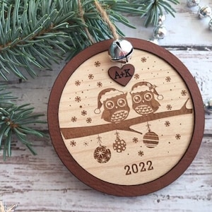 Personalized Christmas ornament, owl ornament, engraved Christmas ornament, tree decoration, love, Christmas tree decoration, gift, wedding image 1