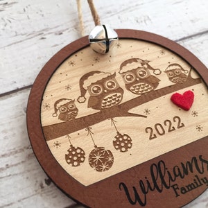 Personalized Christmas ornament, owl family decoration, family, engraved Christmas ornament, tree decoration,, christmas tree, gift, wedding image 5