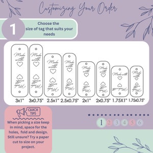 Pode incluir: Um gr&aacute;fico que mostra diferentes tamanhos de etiquetas de madeira com o texto "Made with Love" e um design de cora&ccedil;&atilde;o. Os tamanhos das etiquetas s&atilde;o 3x1", 3x0.75", 2.5x1", 2.5x0.75", 2x1", 2x0.75", 1.75x1" e 1.75x0.75".
