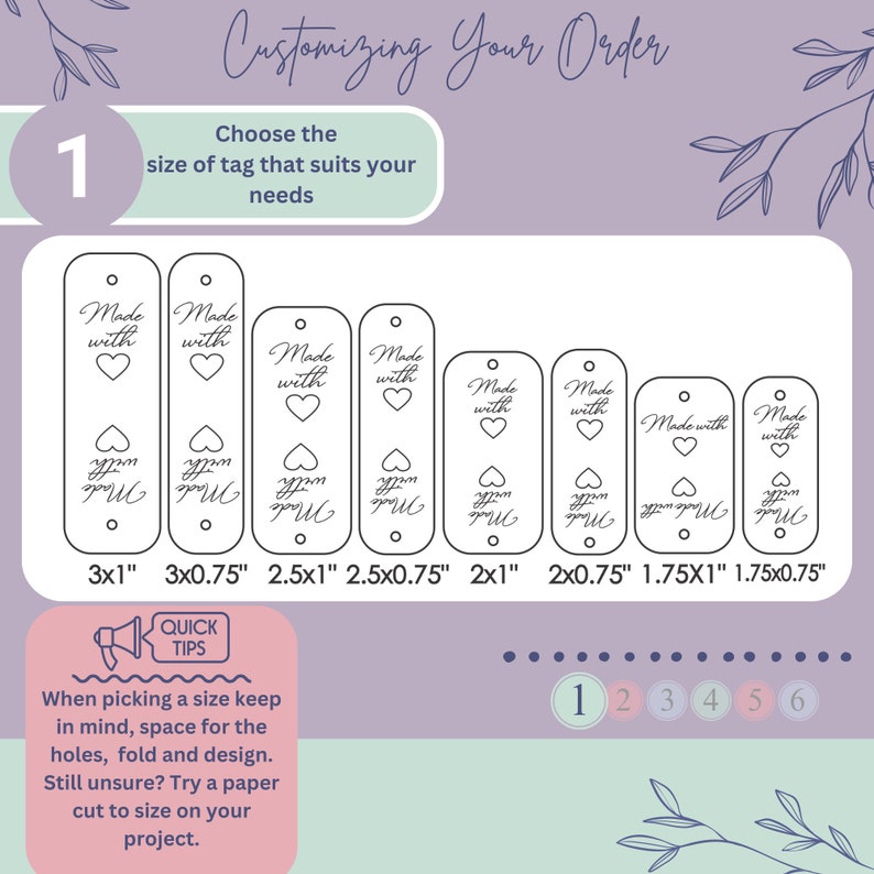 Pode incluir: Um gr&aacute;fico que mostra diferentes tamanhos de etiquetas de madeira com o texto "Made with Love" e um design de cora&ccedil;&atilde;o. Os tamanhos das etiquetas s&atilde;o 3x1", 3x0.75", 2.5x1", 2.5x0.75", 2x1", 2x0.75", 1.75x1" e 1.75x0.75".