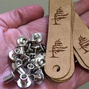 Rivet tag, ultra suede, tag, fabric custom tag, no sew tag, suede tag, engraved tag, button, knitting button, craft button, business tag,