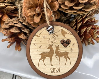 Deer Christmas Ornament, engraved ornament, Personalized gift, personalized ornament, Wedding gift, Love, wood, 3D, Layered, Heart, Cute