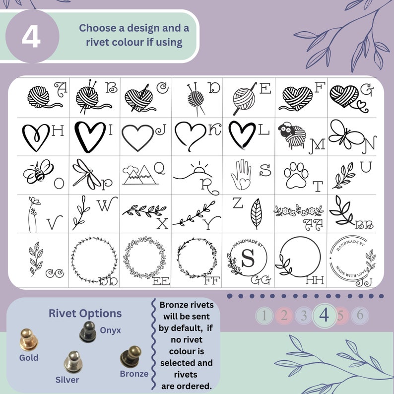 Pode incluir: Um gr&aacute;fico com 40 designs de carimbo diferentes, incluindo cora&ccedil;&otilde;es, animais, natureza e palavras. O gr&aacute;fico tamb&eacute;m mostra tr&ecirc;s op&ccedil;&otilde;es de rebites diferentes: ouro, prata e bronze. O texto "Escolha um design e uma cor de rebite se estiver usando" est&aacute; no topo do gr&aacute;fico. O texto "Op&ccedil;&otilde;es de rebites" est&aacute; abaixo do gr&aacute;fico. O texto "Os rebites de bronze ser&atilde;o enviados por padr&atilde;o, se nenhuma cor de rebite for selecionada e os rebites forem encomendados." est&aacute; do lado direito do gr&aacute;fico.