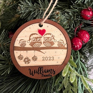 Personalized Christmas ornament, owl family decoration, family, engraved Christmas ornament, tree decoration,, christmas tree, gift, wedding image 1
