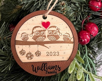 Personalized Christmas ornament, owl family decoration, family, engraved Christmas ornament, tree decoration,, christmas tree, gift, wedding