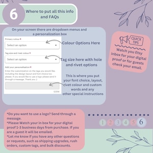 Pode incluir: Um guia sobre como personalizar suas etiquetas Etsy com op&ccedil;&otilde;es de cor, tamanho da etiqueta e op&ccedil;&otilde;es de rebites. Tamb&eacute;m inclui instru&ccedil;&otilde;es sobre como enviar um logotipo, verificar as provas digitais e entrar em contato com o vendedor se tiver alguma d&uacute;vida.