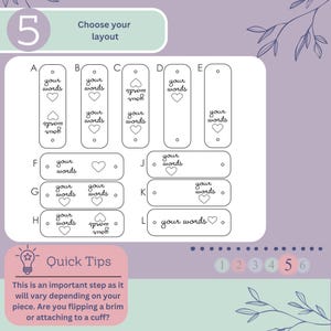 Pode incluir: Um gr&aacute;fico com 12 layouts diferentes para uma etiqueta personalizada com o texto "suas palavras" e um cora&ccedil;&atilde;o. O gr&aacute;fico &eacute; etiquetado com as letras A a L. O texto "Escolha o seu layout" est&aacute; no topo do gr&aacute;fico.