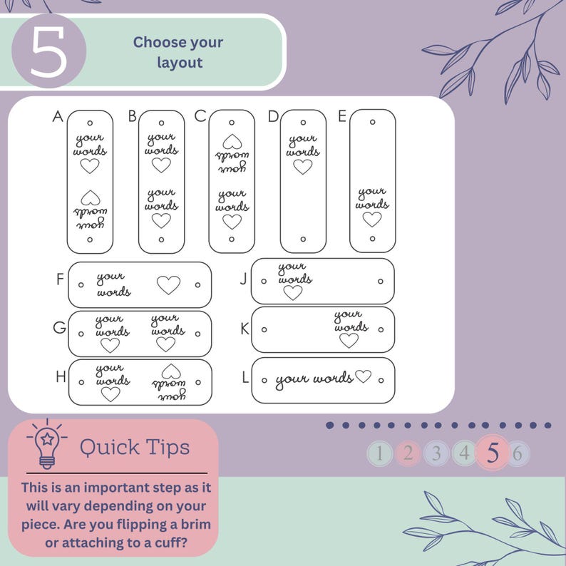 Pode incluir: Um gr&aacute;fico com 12 layouts diferentes para uma etiqueta personalizada com o texto "suas palavras" e um cora&ccedil;&atilde;o. O gr&aacute;fico &eacute; etiquetado com as letras A a L. O texto "Escolha o seu layout" est&aacute; no topo do gr&aacute;fico.