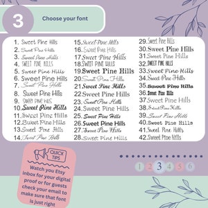Pode incluir: Um fundo roxo e branco com uma lista de 42 op&ccedil;&otilde;es de fontes diferentes para "Sweet Pine Hills". A lista &eacute; numerada de 1 a 42. O texto "Escolha sua fonte" est&aacute; no topo da lista. Uma caixa de dicas r&aacute;pidas est&aacute; na parte inferior da imagem com o texto "Verifique sua caixa de entrada do Etsy para sua prova digital ou para os convidados, verifique seu e-mail para garantir que a fonte esteja correta".