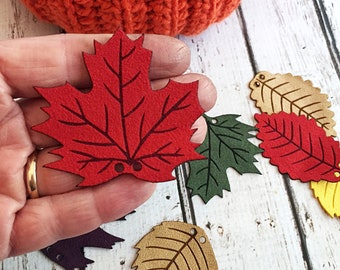 Fall Leaves, pumpkin Leaves, Faux leather leaves, Fabric Leaves, Knitting tags, crochet tags, Autumn Leaves, Knit crochet pumpkins, cute
