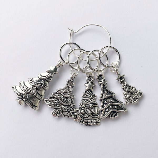 5 pc Christmas tree stitch marker set, knitting marker with soldered rings