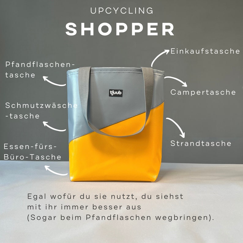 Upcycling Tasche von tjuub. Einkaufstasche oder Shopper Tasche aus LKW Plane, wie von Freitag, nur günstiger. Farbe gelb grau. Gefertigt in Brandenburg.