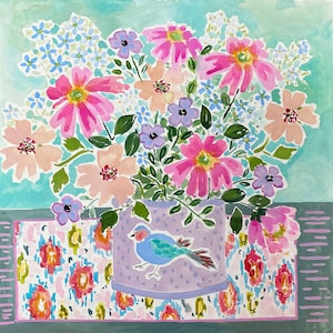 Biglietto di auguri floreale. 'Il tessuto Ikat'.