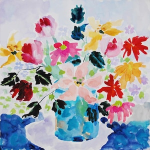 The Blue Vase.  Original watercolour painting.  Delicate garden flowers.  Beautiful wall art for bedroom,living room or kitchen home decor.