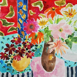 Ispirato a Matisse. Stampa di un acquerello. Bellissimi colori provenzali: rosso fuoco, arancio tarocco e magenta con indaco e giallo.