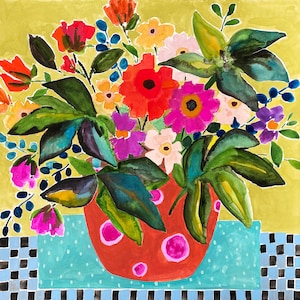 Cerchi e macchie. Stampa giclée. Palette di colori caldi di rosso, rosa e arancione, un originale dipinto ad acquerello disegnato a mano, ispirato a Matisse.