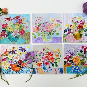 6 cartões comemorativos. Pacote "D". Qualidade impecável. Aquarelas florais originais e contemporâneas de Emma Burnett. Em branco para sua própria mensagem.
